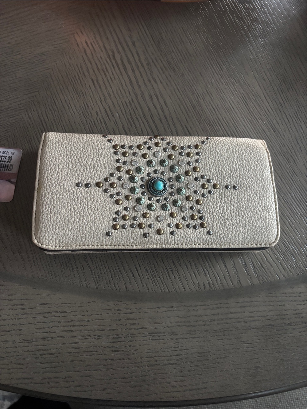 Montana West Cream Zip-Around Wallet with Turquoise Stud Accent